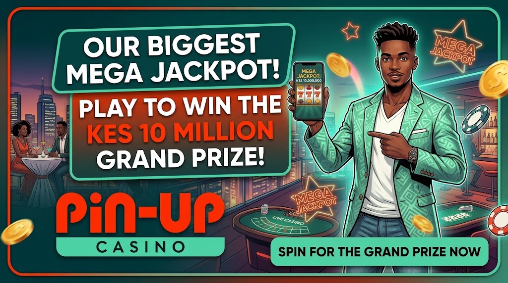 Illustrated Pin Up Casino game selection scene with jackpot phone screen and live tables