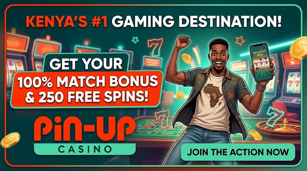Pin Up Casino promotional scene highlighting match bonus and free spins for Kenya